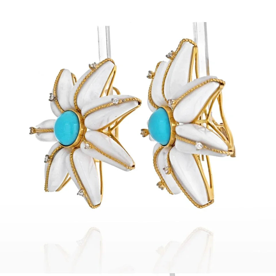 18K Yellow Gold Turquoise, White Agate Flower Starfish Earrings - The Back Vault