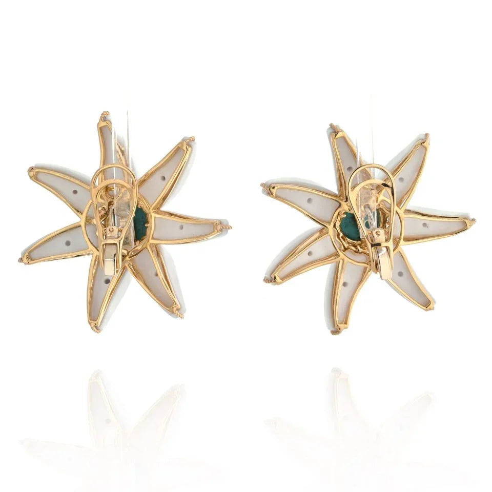 18K Yellow Gold Turquoise, White Agate Flower Starfish Earrings - The Back Vault