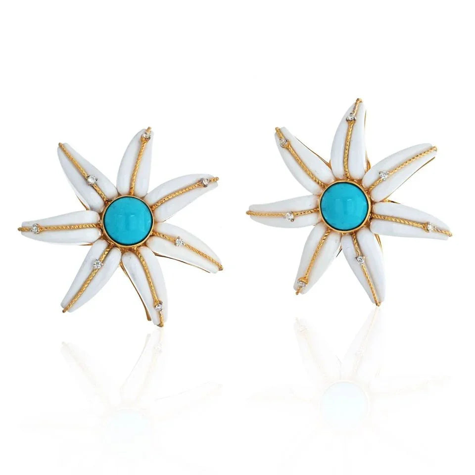 18K Yellow Gold Turquoise, White Agate Flower Starfish Earrings - The Back Vault