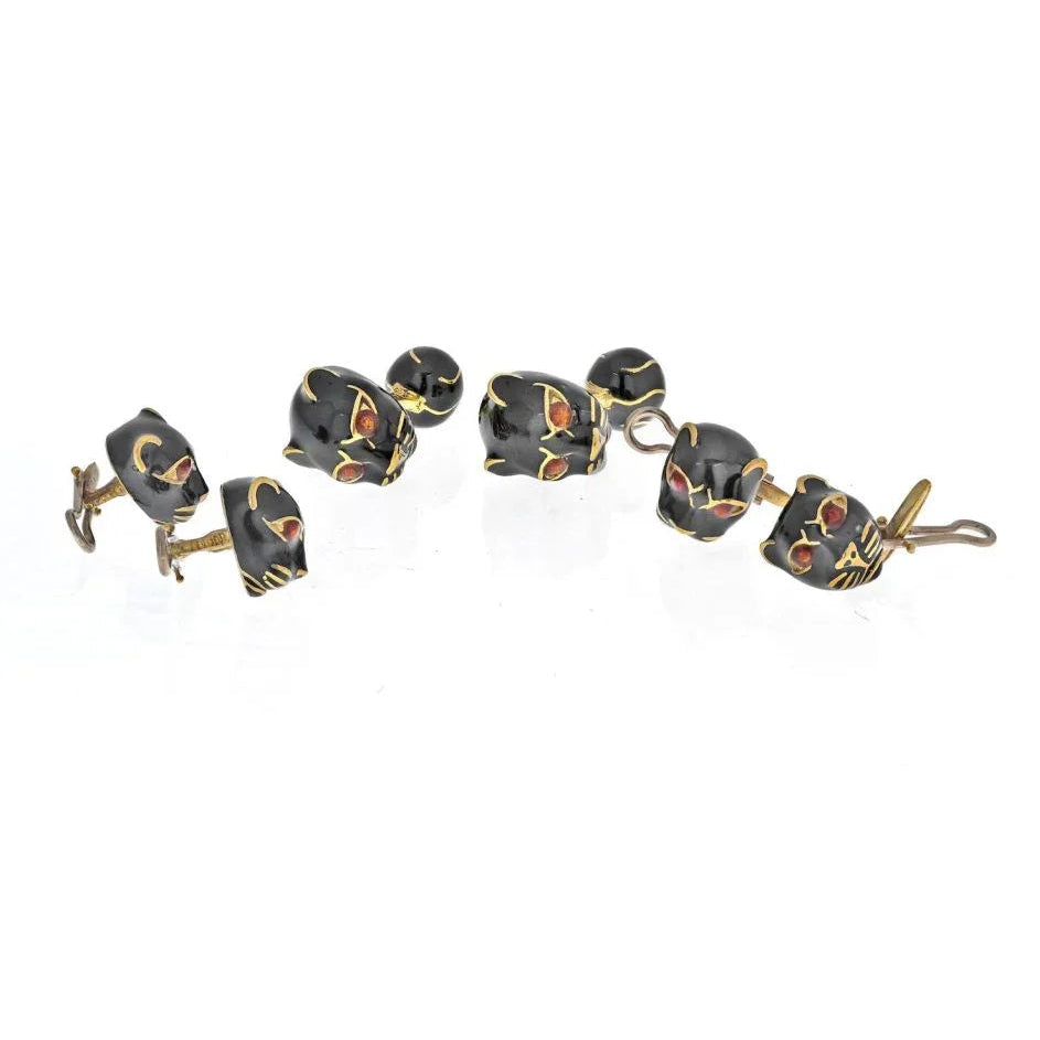 David Webb Yellow Gold Black Panther Mens Suit Set Cuff Links