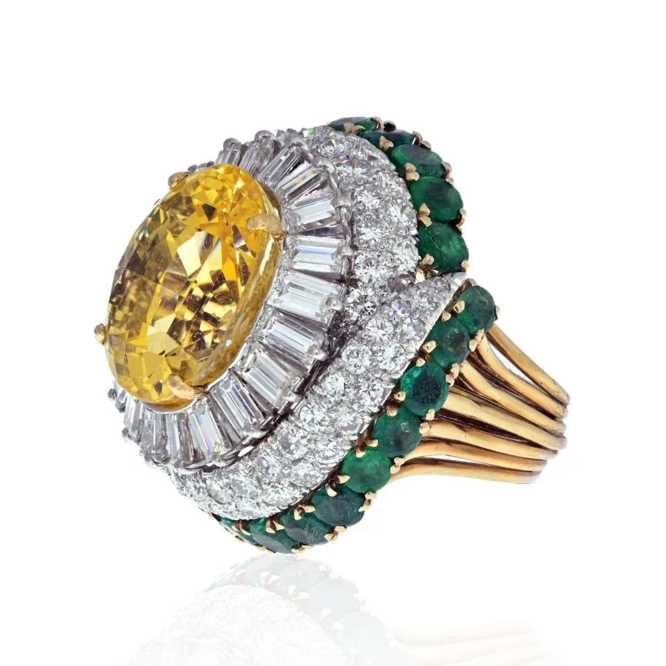 David Webb 18K Yellow Gold Oval Cut Yellow Sapphire, Diamond And Green Emerald Ring - The Back Vault