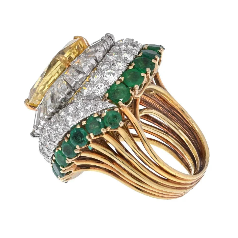 David Webb 18K Yellow Gold Oval Cut Yellow Sapphire, Diamond And Green Emerald Ring - The Back Vault