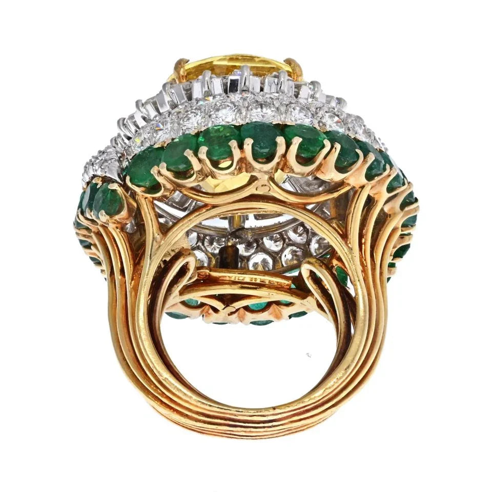 David Webb 18K Yellow Gold Oval Cut Yellow Sapphire, Diamond And Green Emerald Ring - The Back Vault