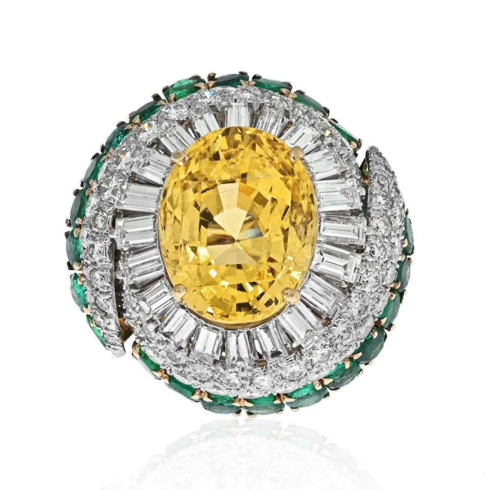David Webb 18K Yellow Gold Oval Cut Yellow Sapphire, Diamond And Green Emerald Ring - The Back Vault
