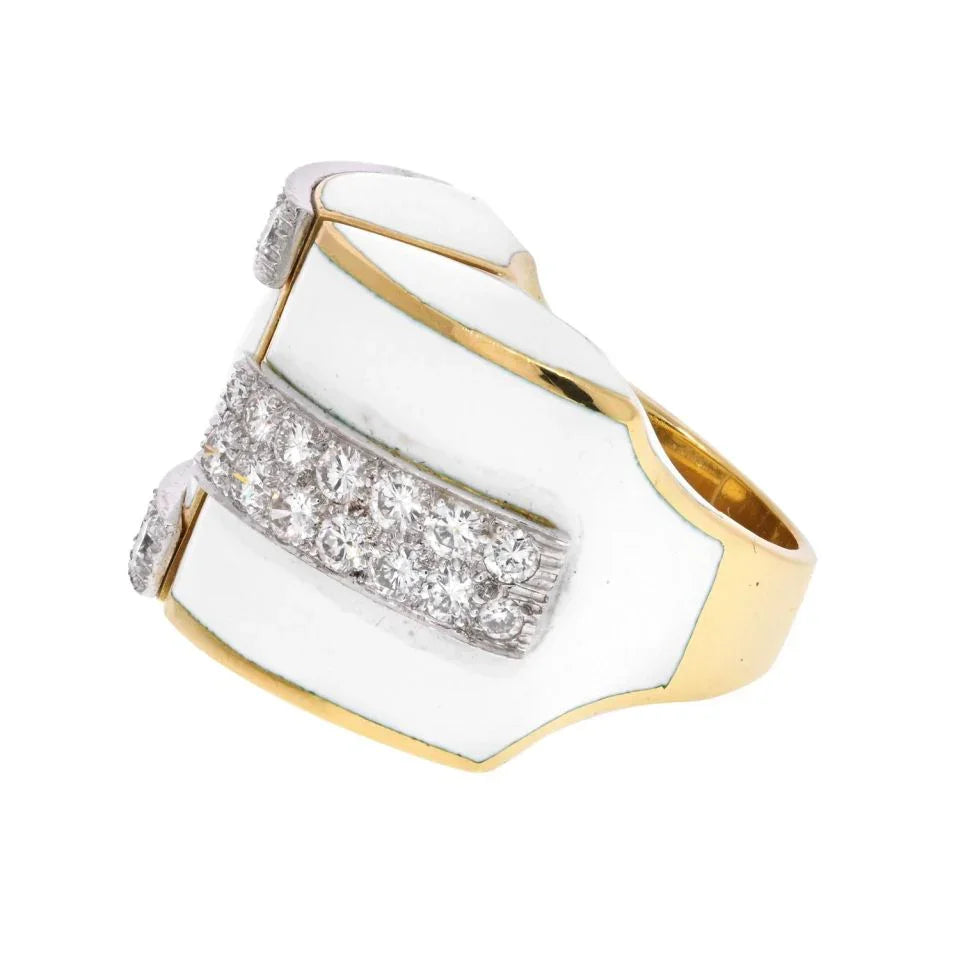David Webb Platinum & 18K Yellow Gold White Enamel And Diamond Ring - The Back Vault