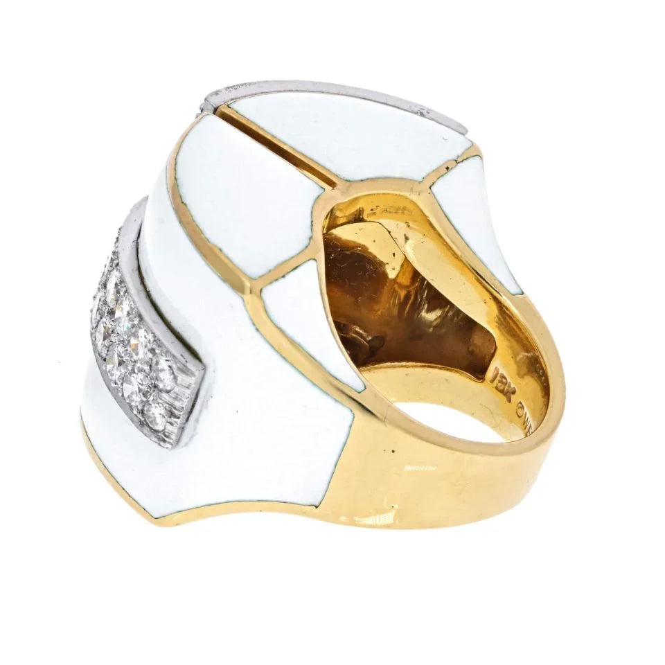 David Webb Platinum & 18K Yellow Gold White Enamel And Diamond Ring - The Back Vault
