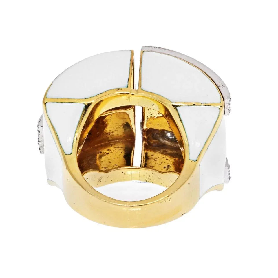 David Webb Platinum & 18K Yellow Gold White Enamel And Diamond Ring - The Back Vault