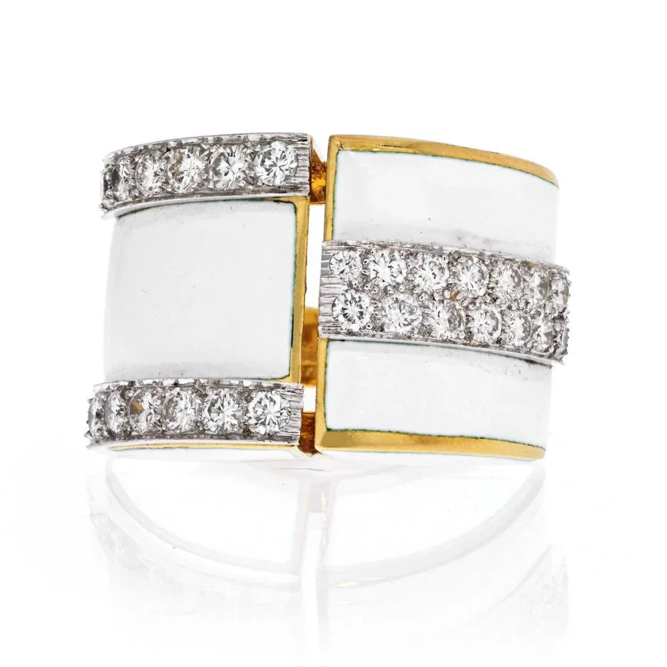 David Webb Platinum & 18K Yellow Gold White Enamel And Diamond Ring - The Back Vault