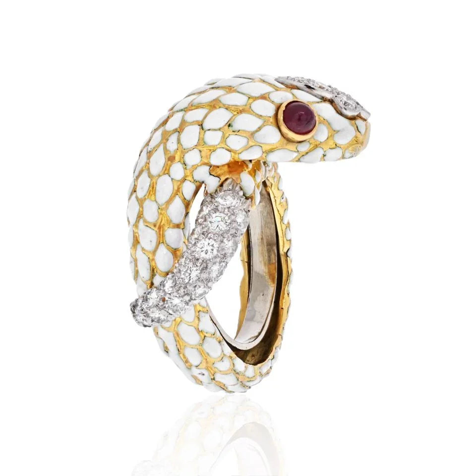 David Webb Platinum & 18K Yellow Gold White Enamel Coiled Snake Ring - The Back Vault