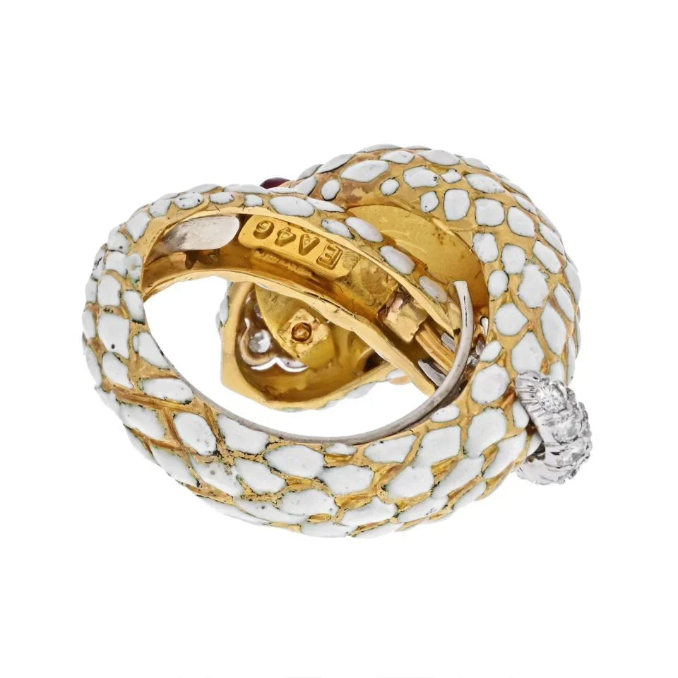 David Webb Platinum & 18K Yellow Gold White Enamel Coiled Snake Ring - The Back Vault