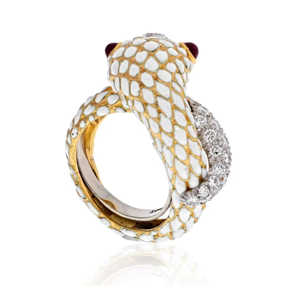 David Webb Platinum & 18K Yellow Gold White Enamel Coiled Snake Ring - The Back Vault