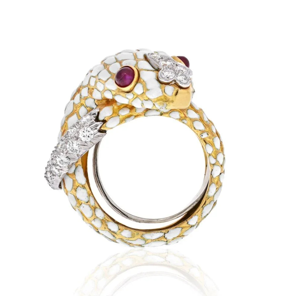David Webb Platinum & 18K Yellow Gold White Enamel Coiled Snake Ring - The Back Vault