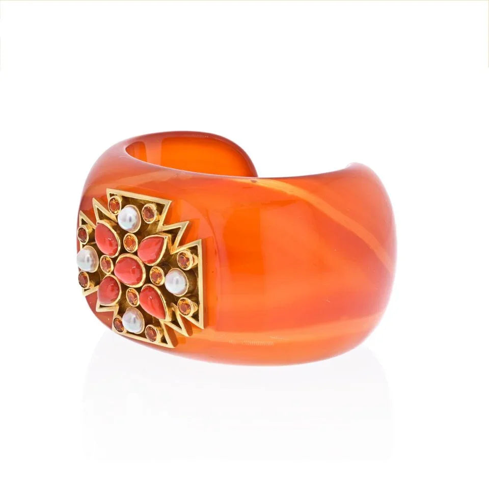 Verdura 18K Yellow Gold Carved Agate, Coral, Pearl Bracelet - The Back Vault