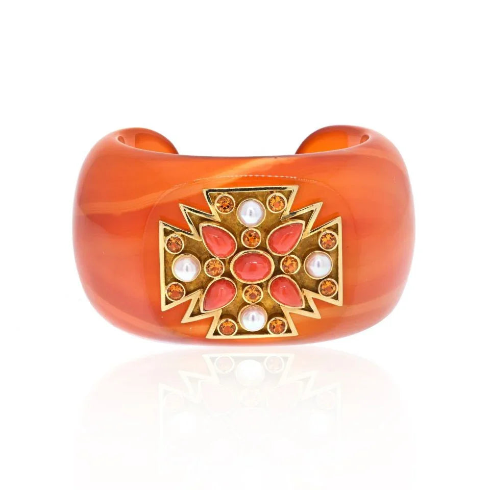 Verdura 18K Yellow Gold Carved Agate, Coral, Pearl Bracelet - The Back Vault