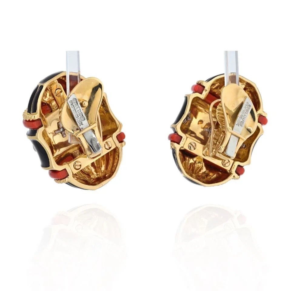 David Webb 18K Yellow Gold Black Enamel, Diamond And Coral Barrel Shaped Earrings - The Back Vault