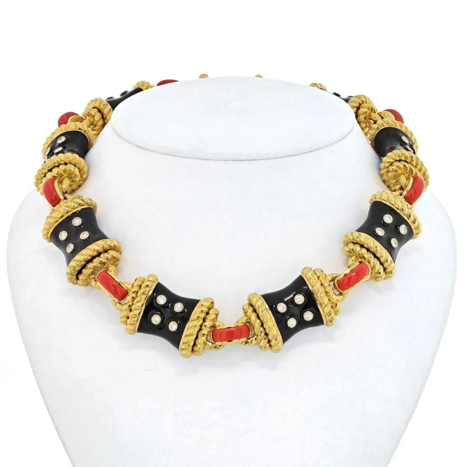David Webb Platinum & 18K Yellow Gold Coral, Diamonds, Black Enamel Necklace - The Back Vault