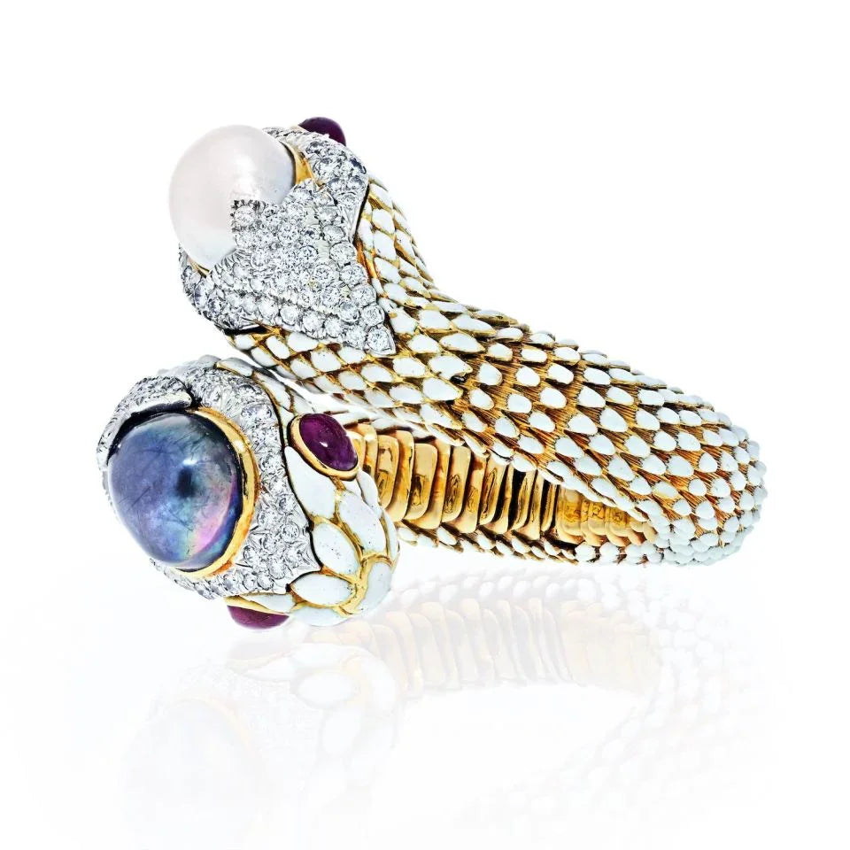 David Webb Double Snake Head ByPass White Enamel Bracelet - The Back Vault