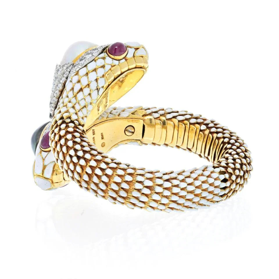 David Webb Double Snake Head ByPass White Enamel Bracelet - The Back Vault