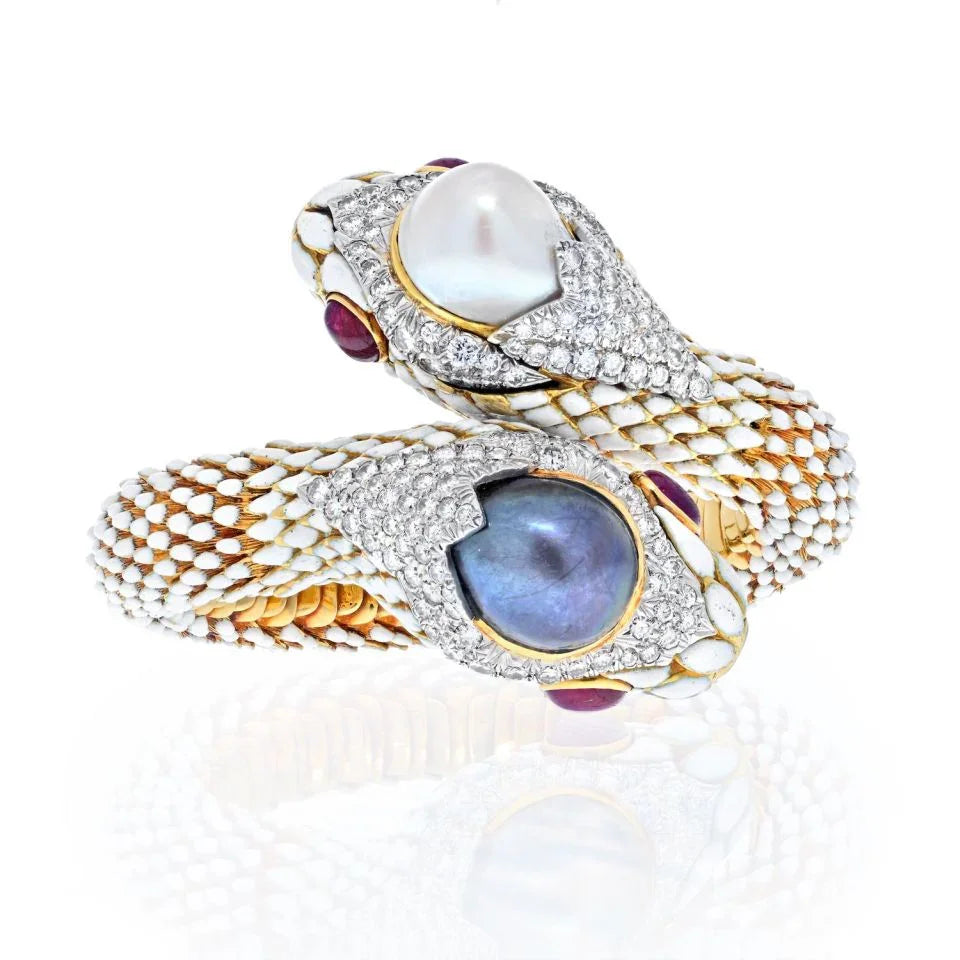 David Webb Double Snake Head ByPass White Enamel Bracelet - The Back Vault