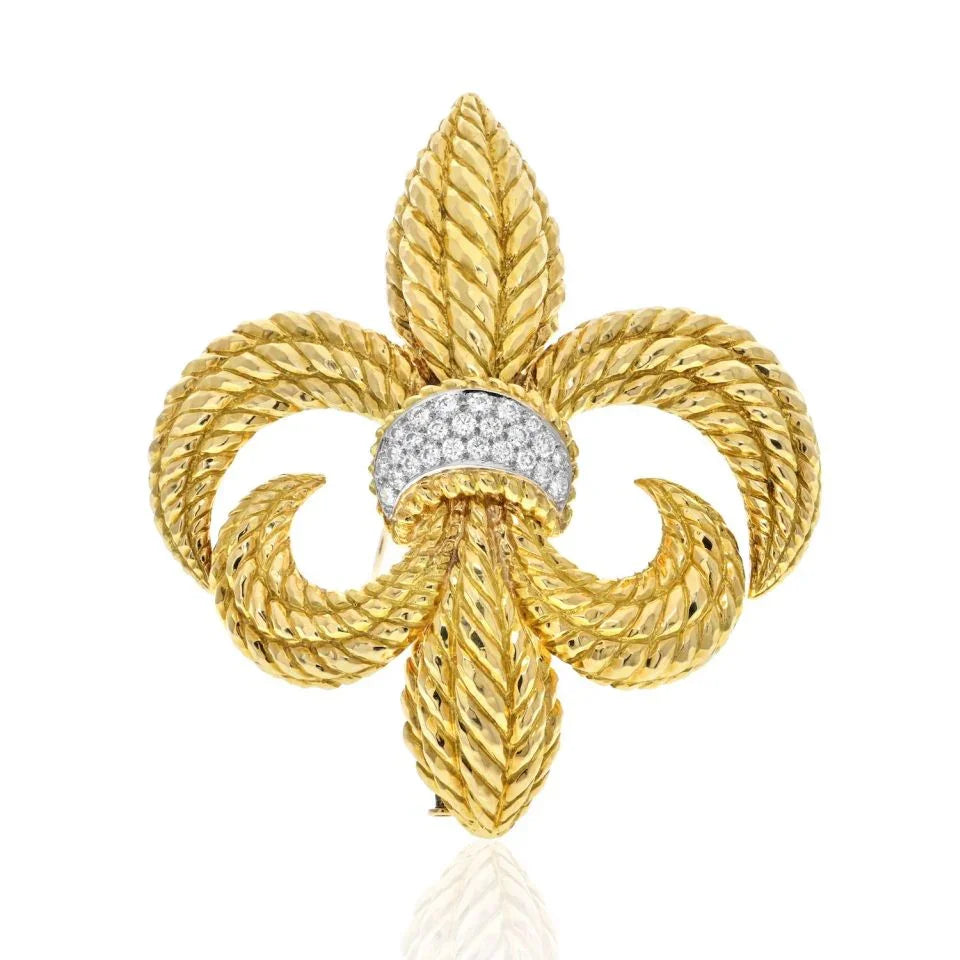 David Webb 18K Yellow Gold Fleur-De-Lis Diamond Brooch - The Back Vault