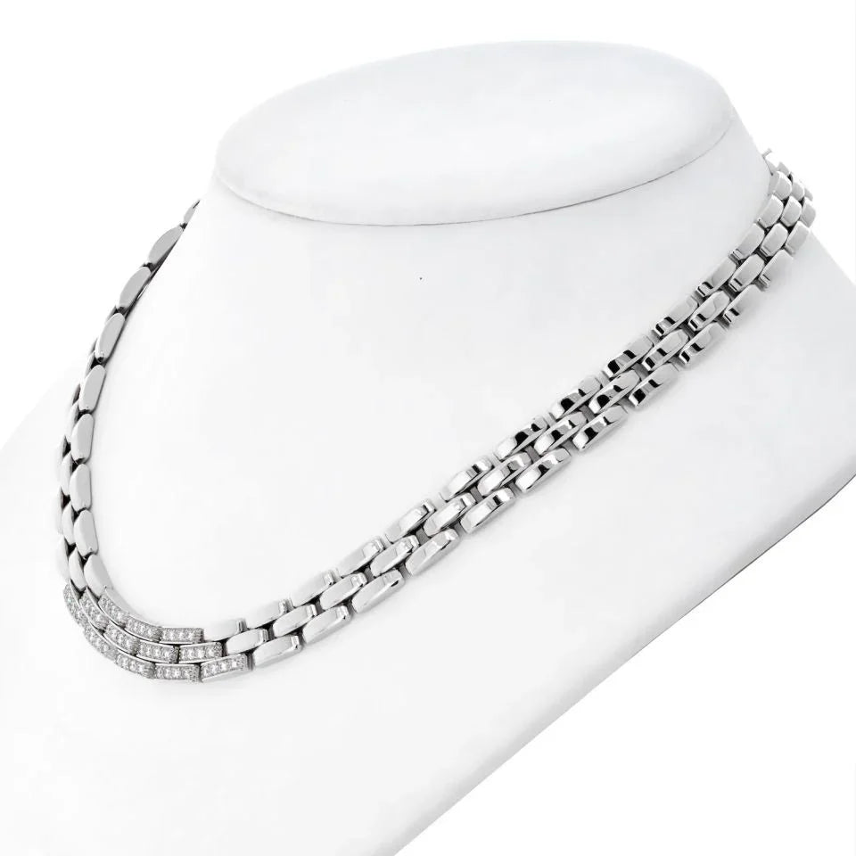 Cartier 18K White Gold Maillon Panthere 3 Row Diamond Necklace - The Back Vault