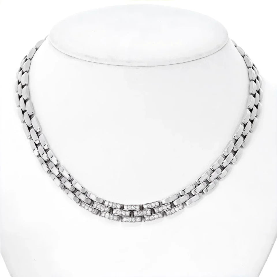 Cartier 18K White Gold Maillon Panthere 3 Row Diamond Necklace - The Back Vault