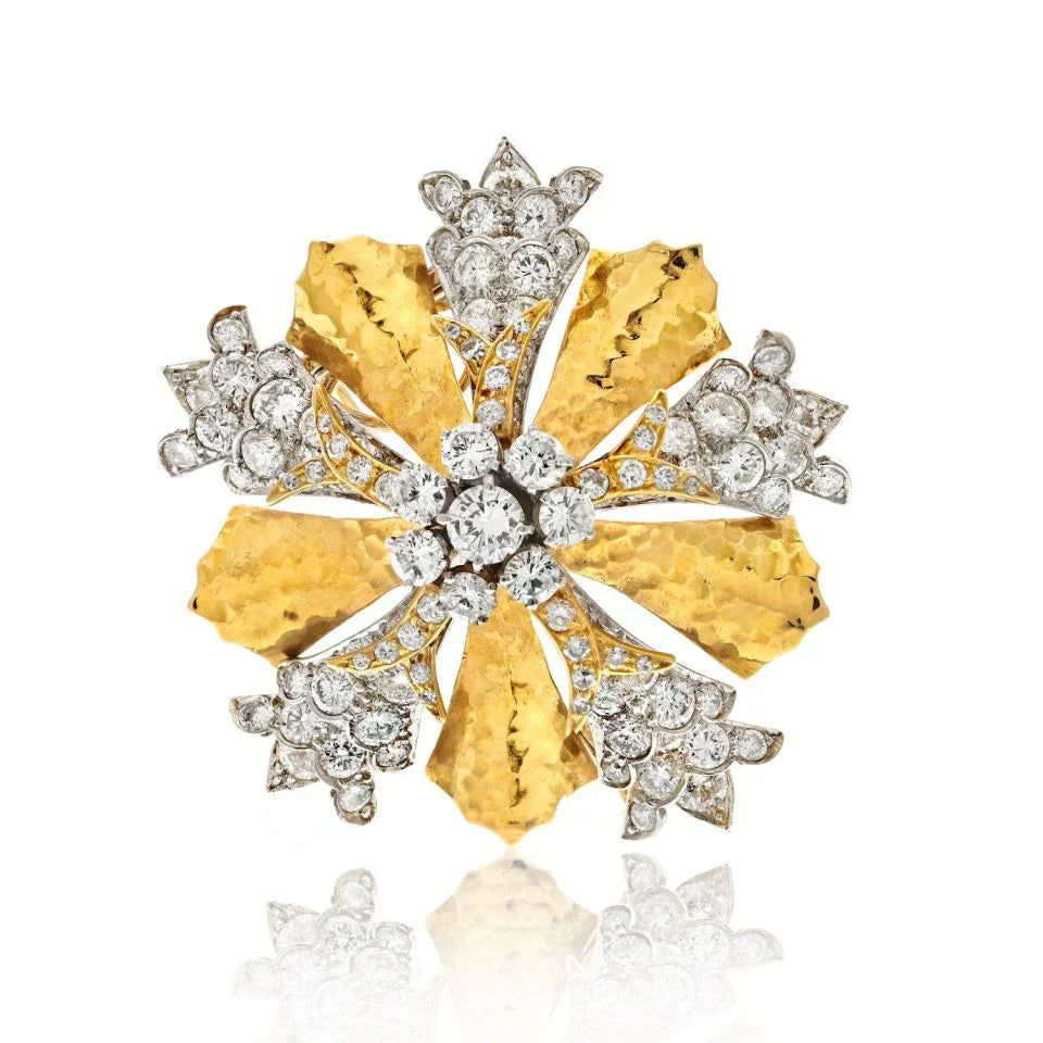 David Webb Platinum & 18K Yellow Gold Snowflake Syle Diamond Heraldic Brooch - The Back Vault