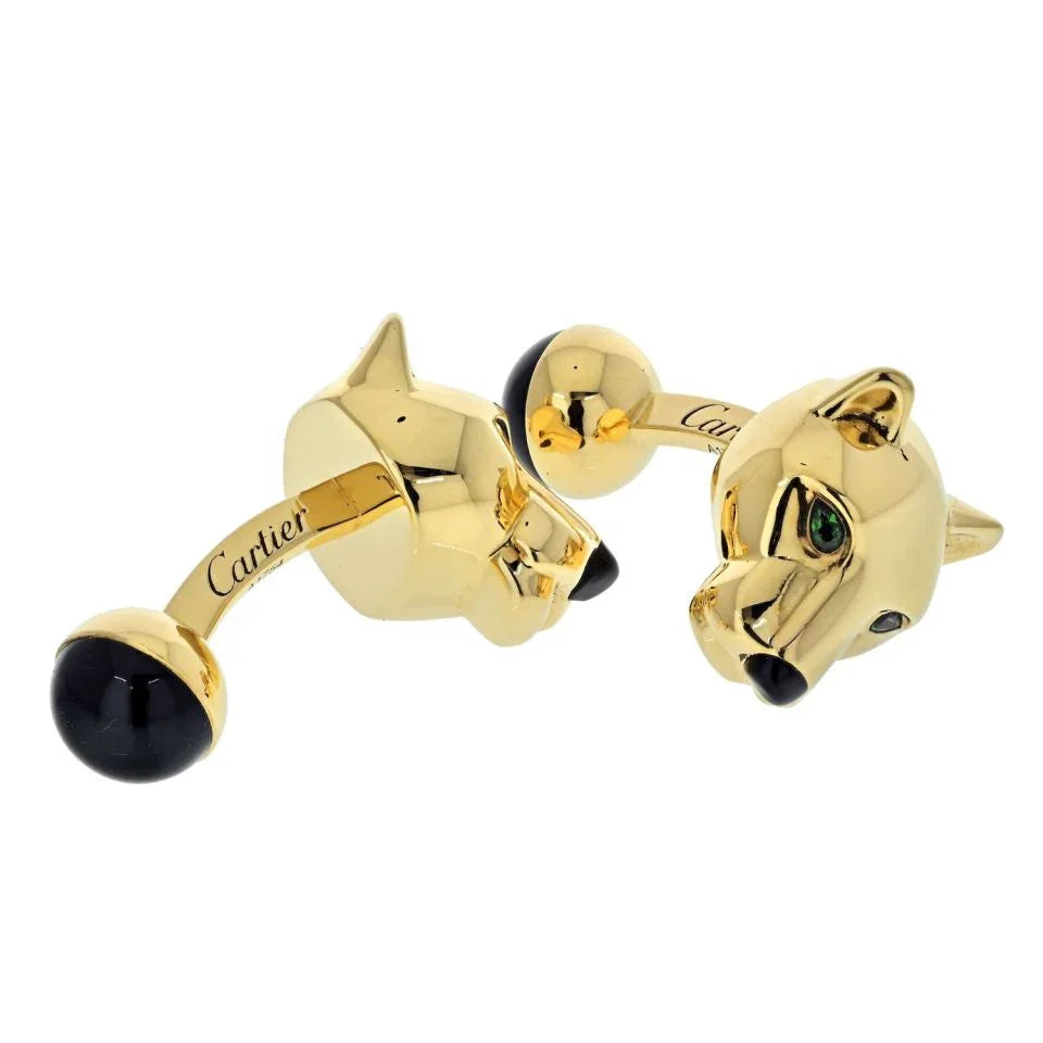 Cartier 18K Yellow Gold Panthere Heads Mens Cuff Links - The Back Vault