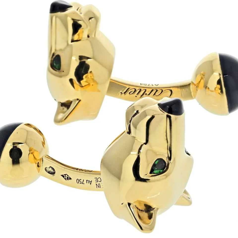 Cartier 18K Yellow Gold Panthere Heads Mens Cuff Links - The Back Vault