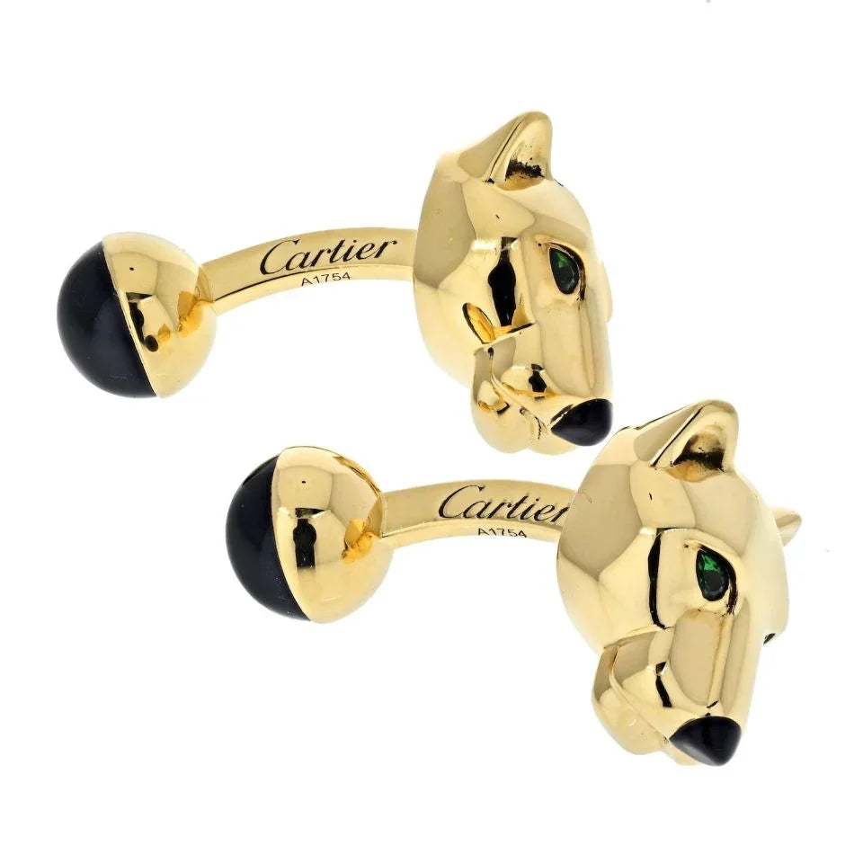 Cartier 18K Yellow Gold Panthere Heads Mens Cuff Links - The Back Vault