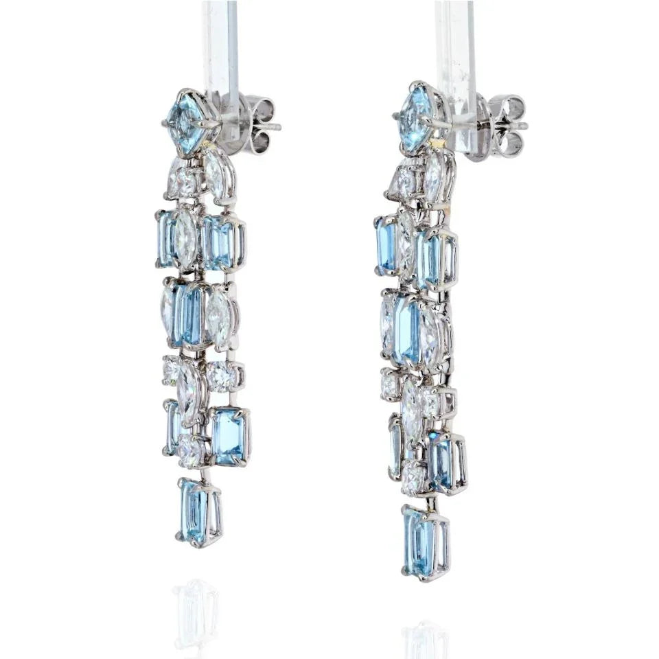 Platinum Oval Cut Chandelier Aquamarine And Diamond Earrings - The Back Vault