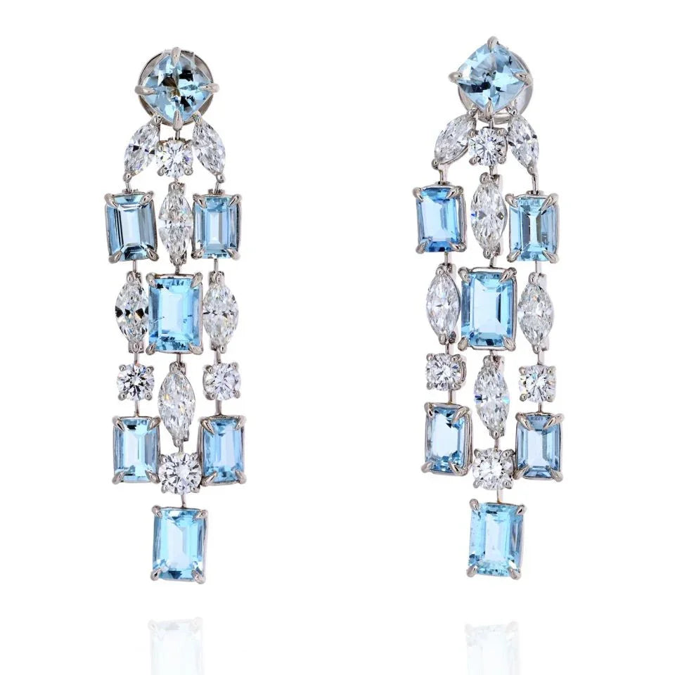 Platinum Oval Cut Chandelier Aquamarine And Diamond Earrings - The Back Vault