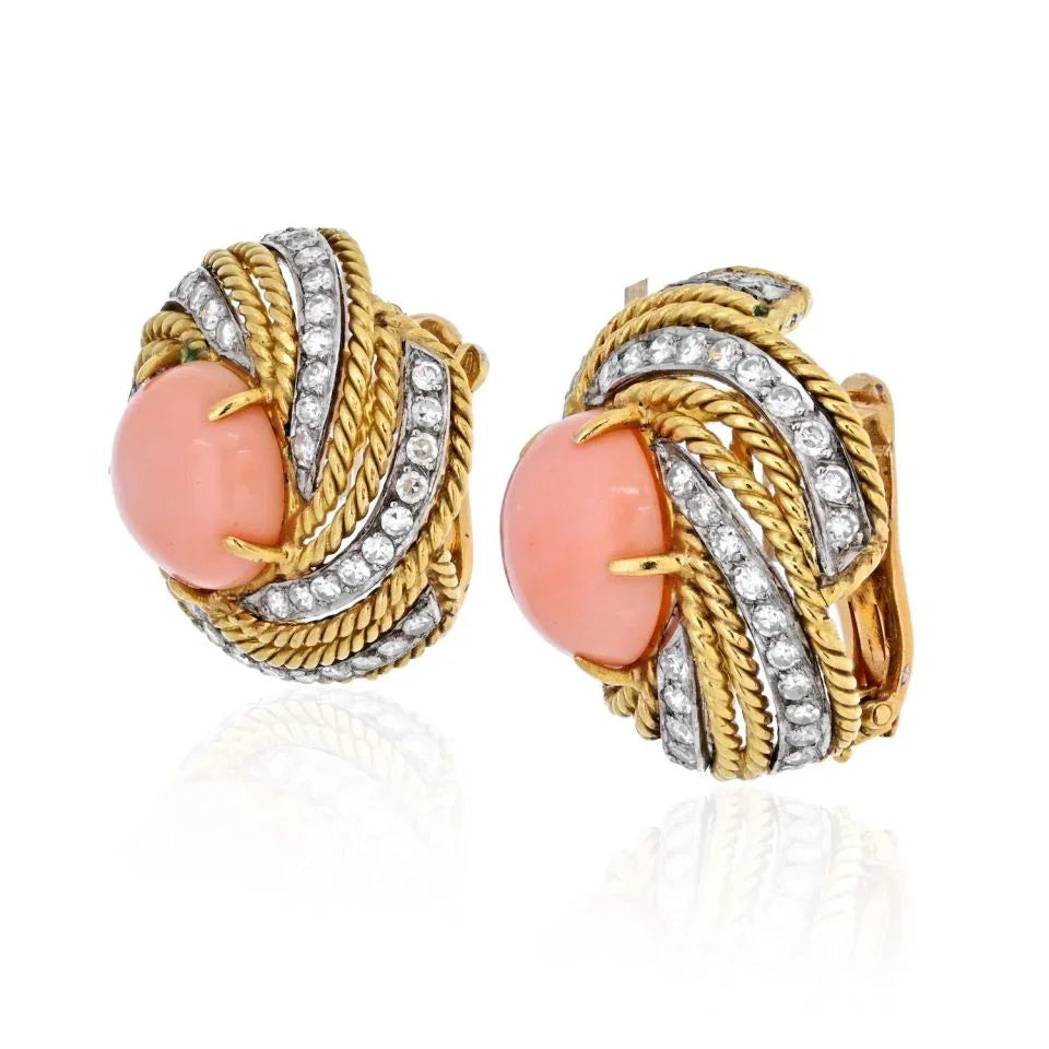 18K Yellow Gold Coral And Diamond Swirl Bombe Earrings - The Back Vault