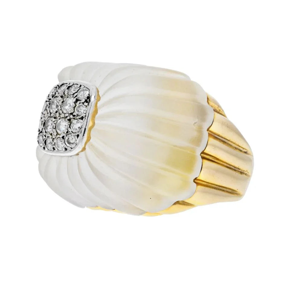 David Webb Rock Crystal 18K Yellow Gold Diamond Fluted Rock Crystal Ring - The Back Vault