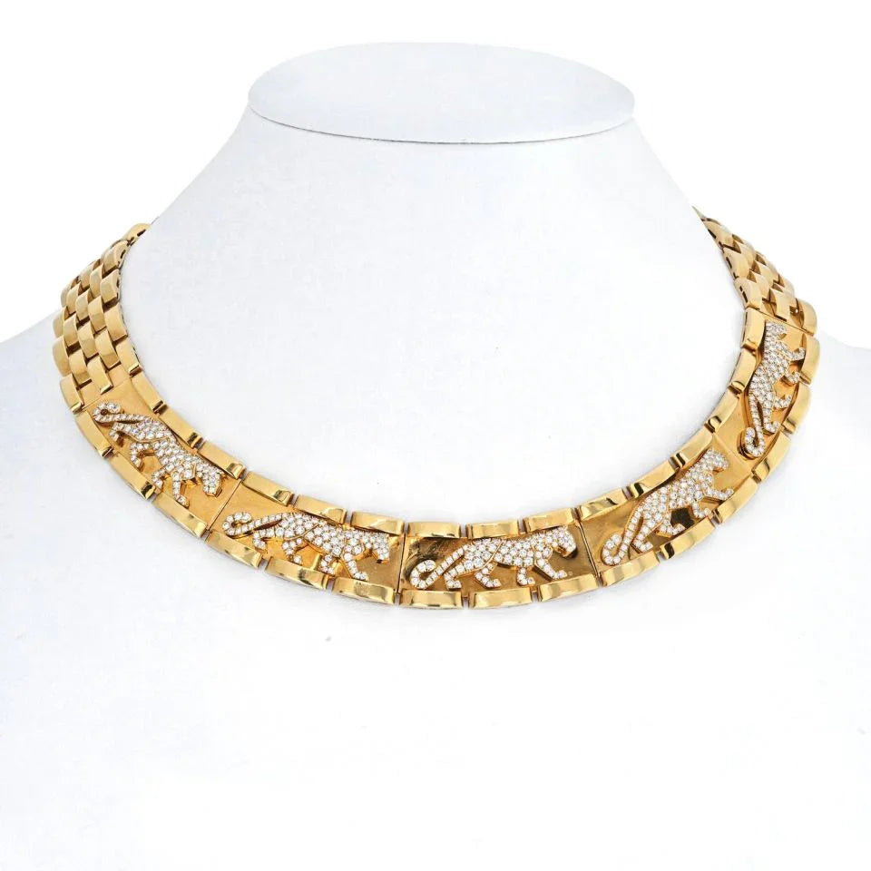 Cartier 18K Yellow Gold Mahango Walking Panthere Diamond Collar Necklace - The Back Vault