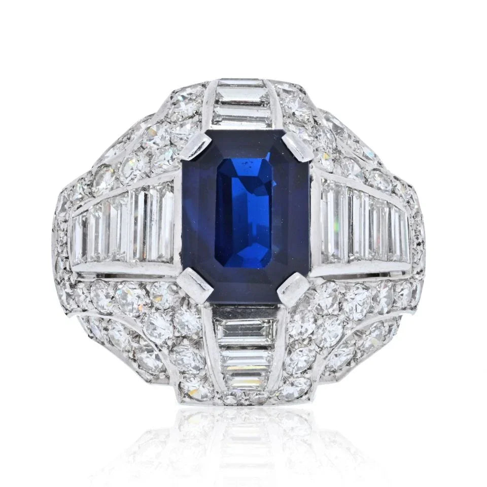 Platinum 7 Carat Emerald Cut Sapphire Diamond Ring - The Back Vault