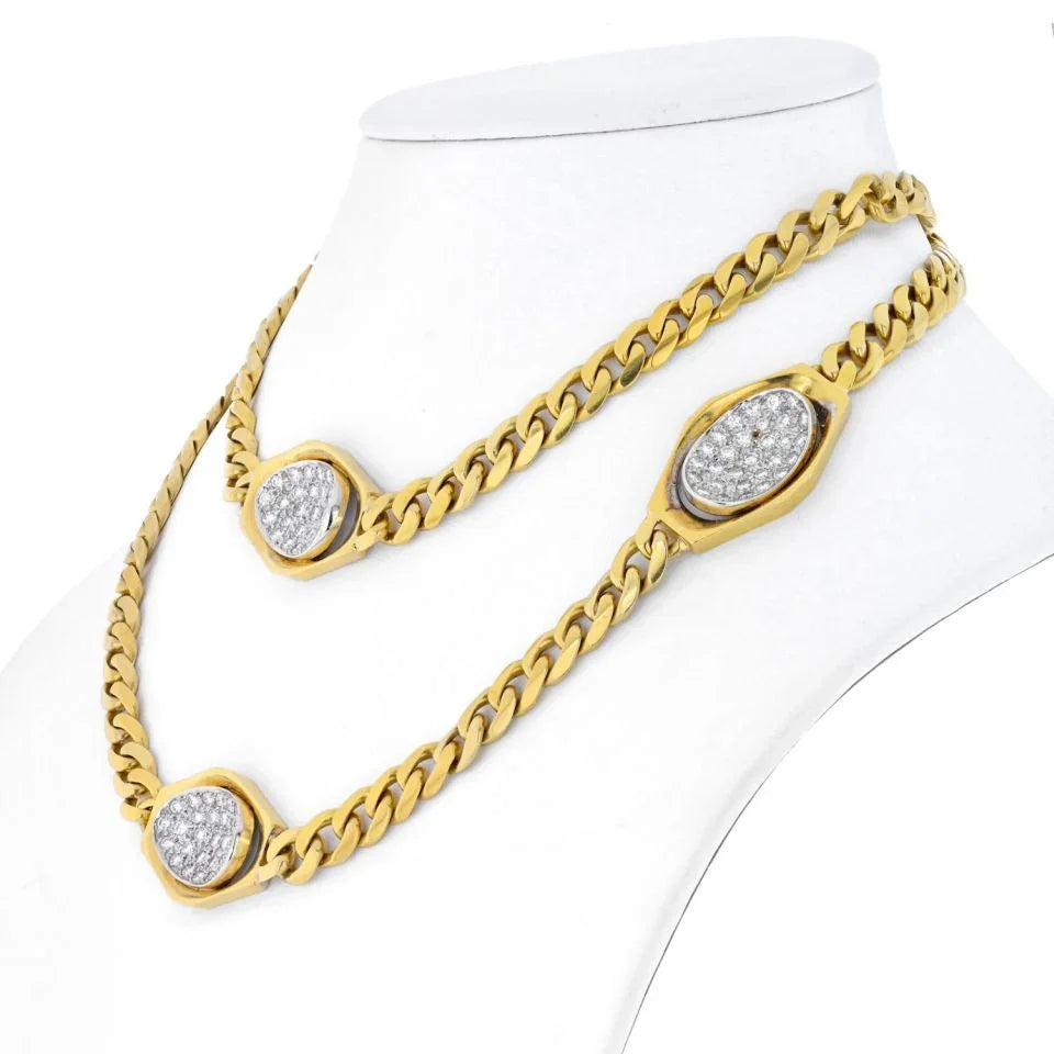 18K Yellow Gold Curb Link Diamond Stations Estate Chain Necklace - The Back Vault