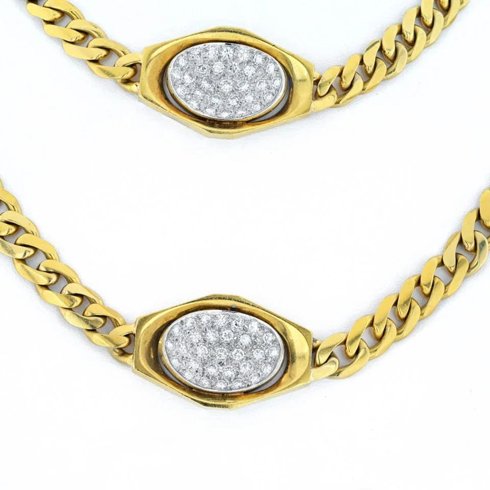 18K Yellow Gold Curb Link Diamond Stations Estate Chain Necklace - The Back Vault