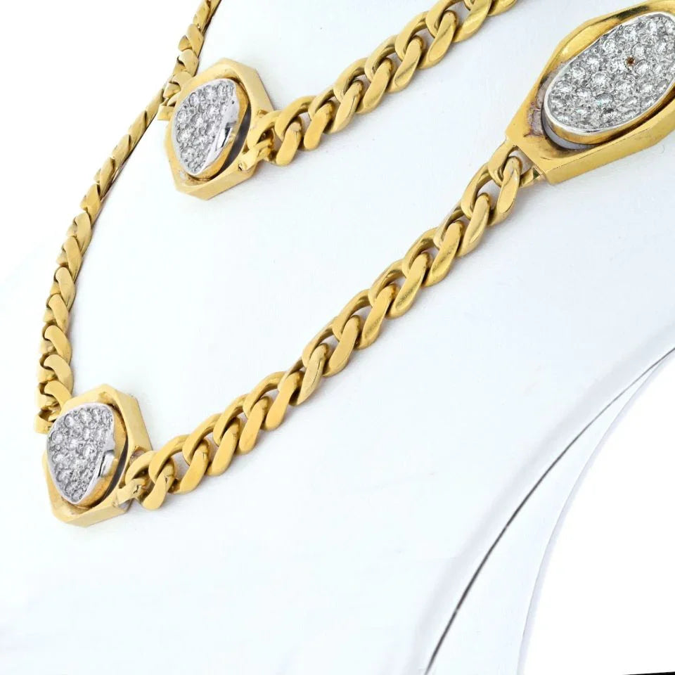 18K Yellow Gold Curb Link Diamond Stations Estate Chain Necklace - The Back Vault