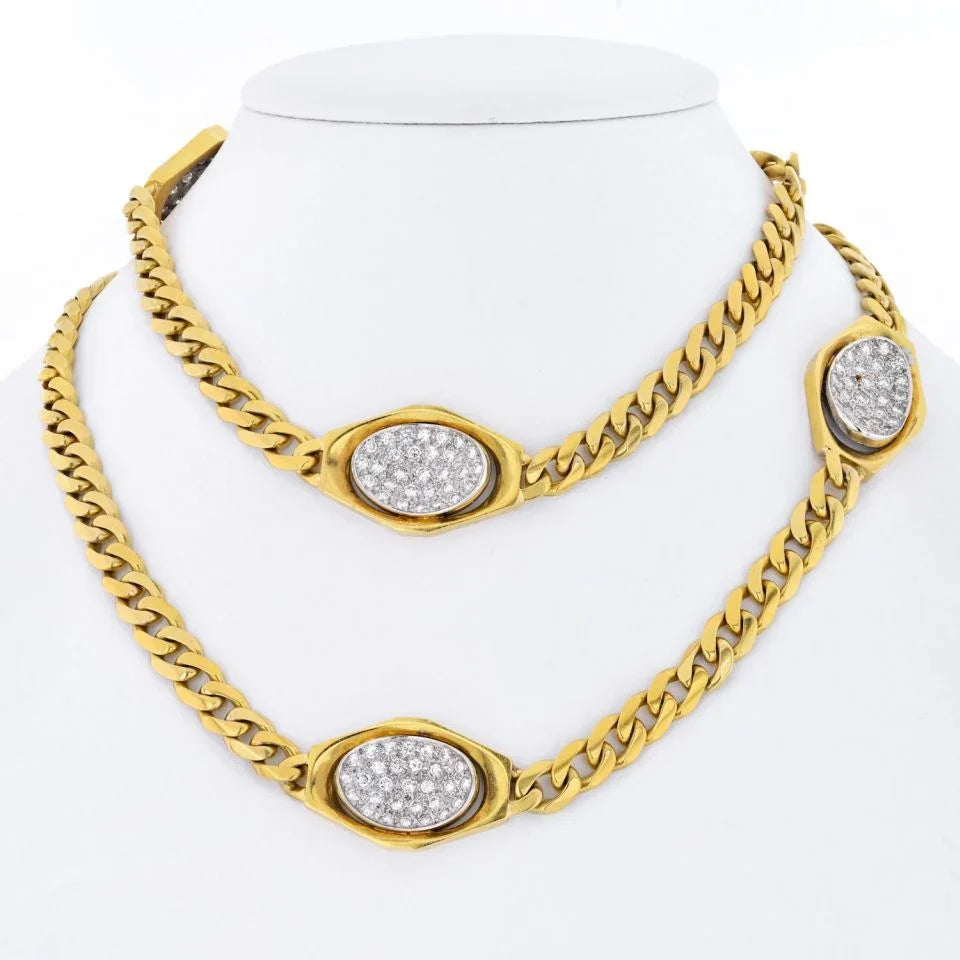 18K Yellow Gold Curb Link Diamond Stations Estate Chain Necklace - The Back Vault