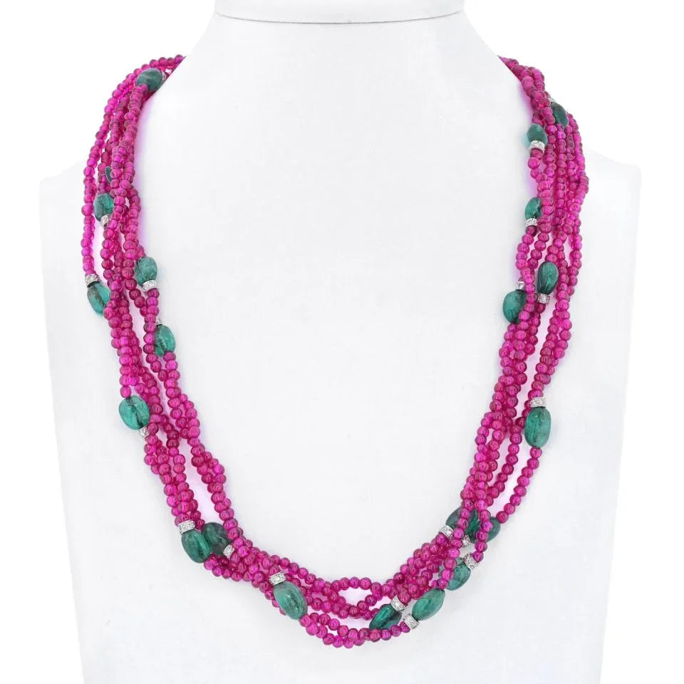 David Webb 18K White Gold 5 Strand Of Ruby And Sapphires Necklace - The Back Vault