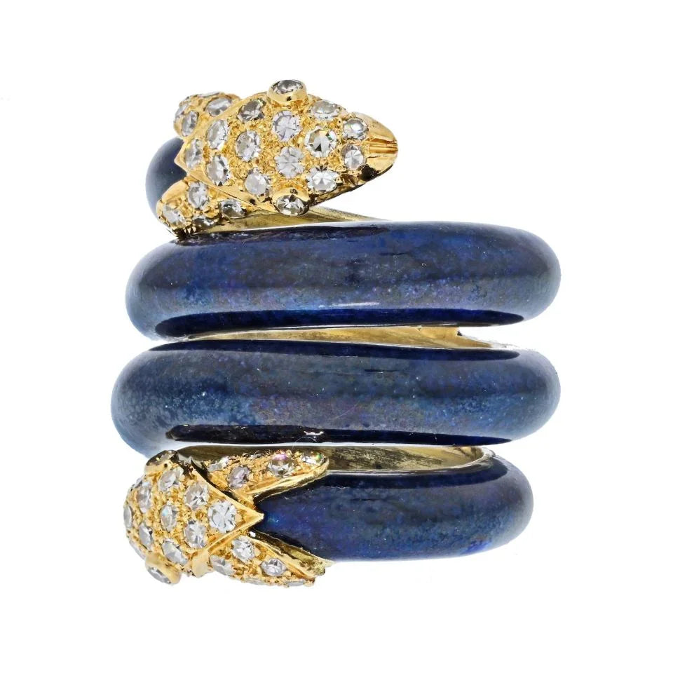Christian Dior 18K Yellow Gold 1960's Double Head Serpent Enamel Ring - The Back Vault