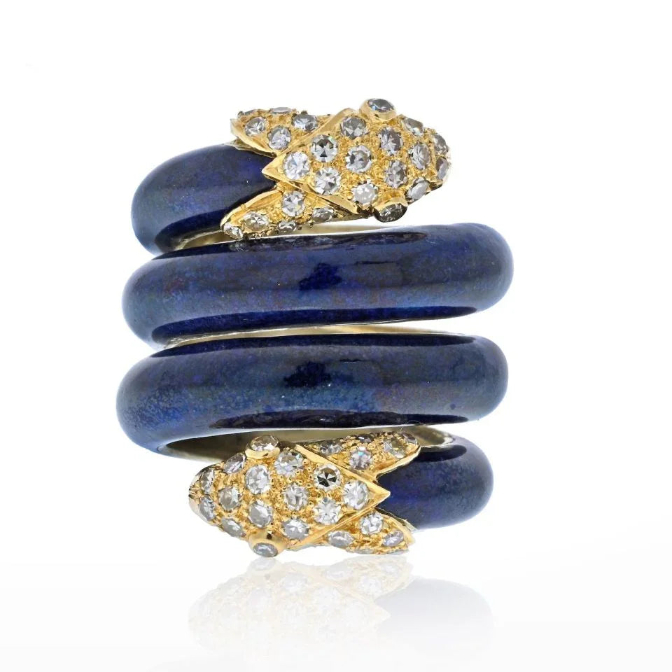 Christian Dior 18K Yellow Gold 1960's Double Head Serpent Enamel Ring - The Back Vault