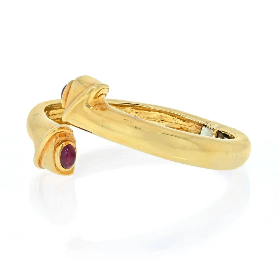 David Webb 18K Yellow Gold Cabochon Ruby Crossover Hinged Cuff Bracelet - The Back Vault