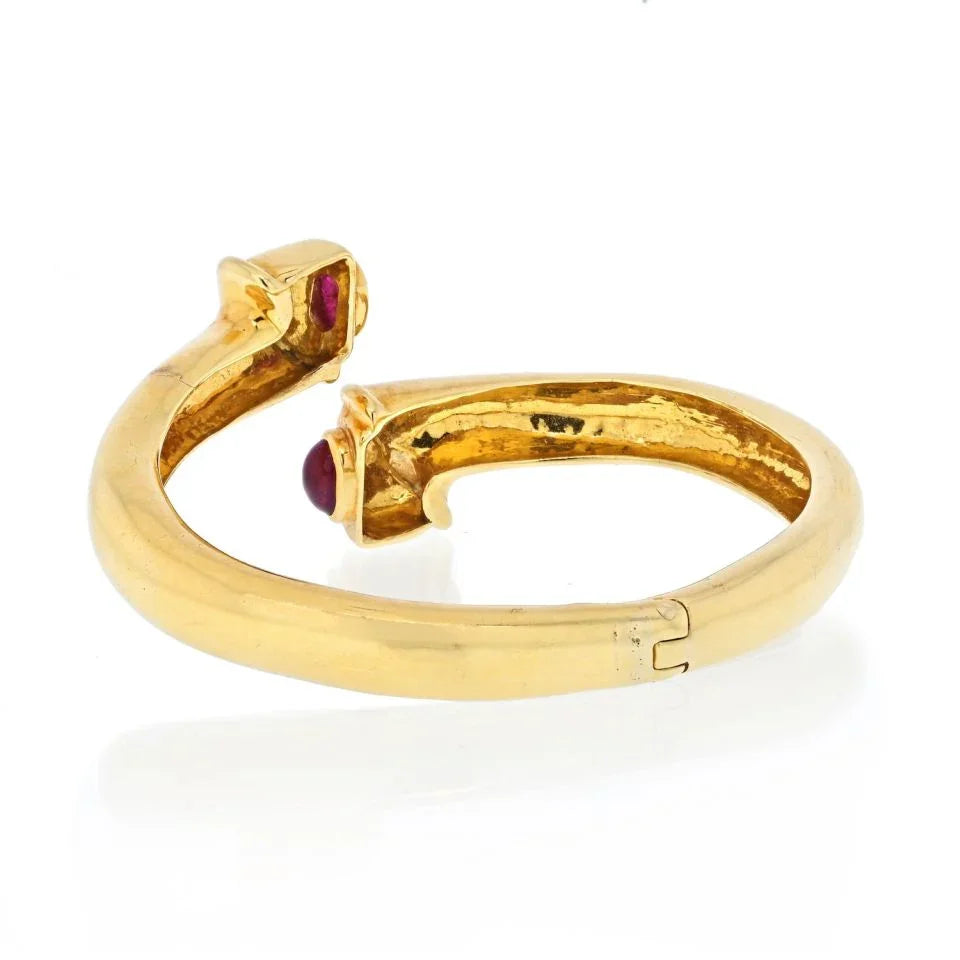 David Webb 18K Yellow Gold Cabochon Ruby Crossover Hinged Cuff Bracelet - The Back Vault