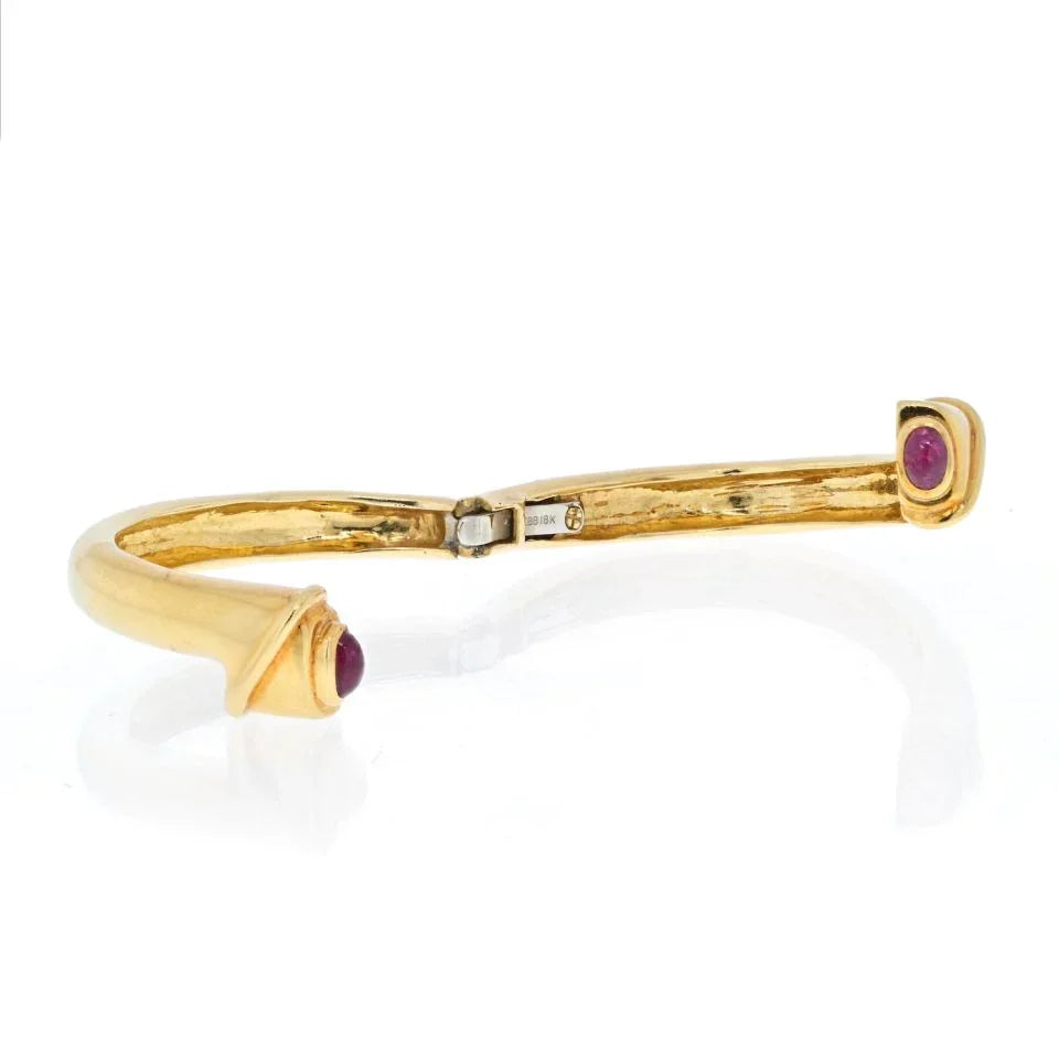 David Webb 18K Yellow Gold Cabochon Ruby Crossover Hinged Cuff Bracelet - The Back Vault