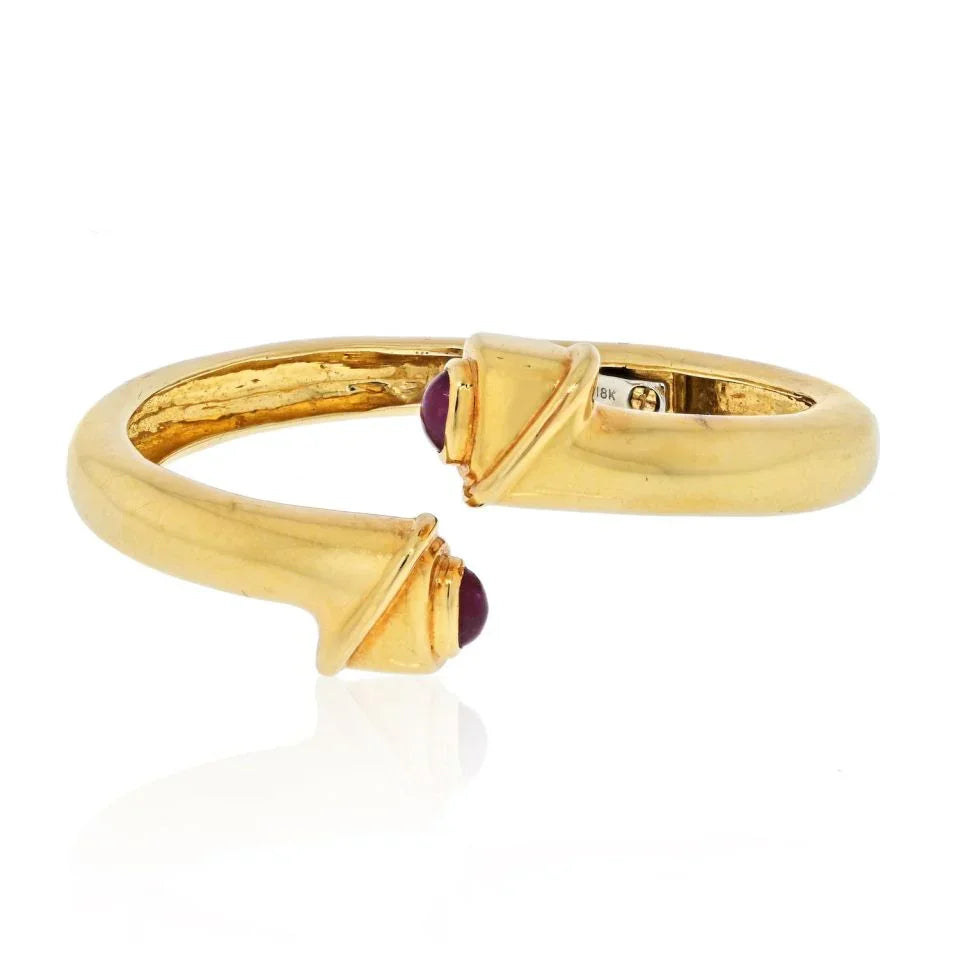 David Webb 18K Yellow Gold Cabochon Ruby Crossover Hinged Cuff Bracelet - The Back Vault
