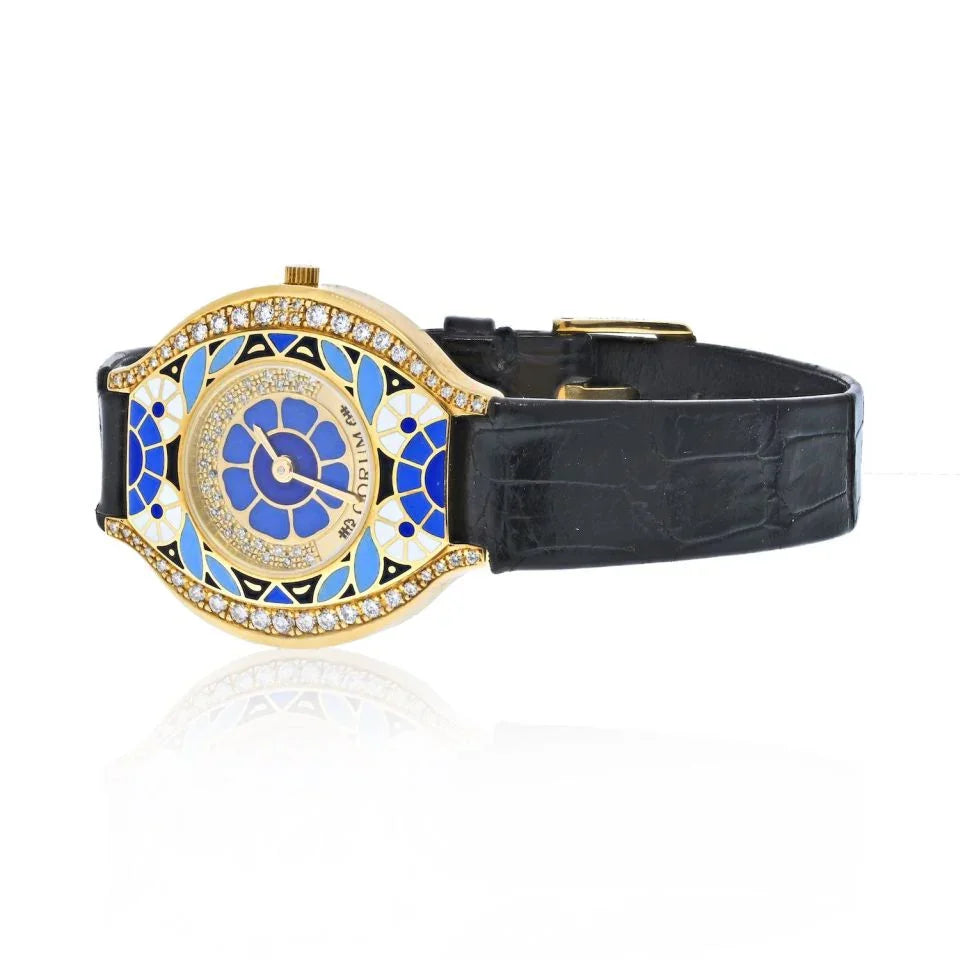 Corum 18K Yellow Gold Vintage Flower Enamel Diamond Women Watch - The Back Vault