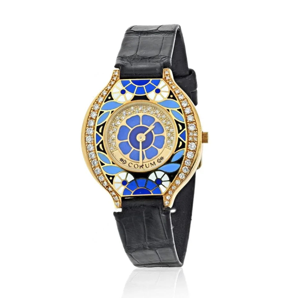 Corum 18K Yellow Gold Vintage Flower Enamel Diamond Women Watch - The Back Vault