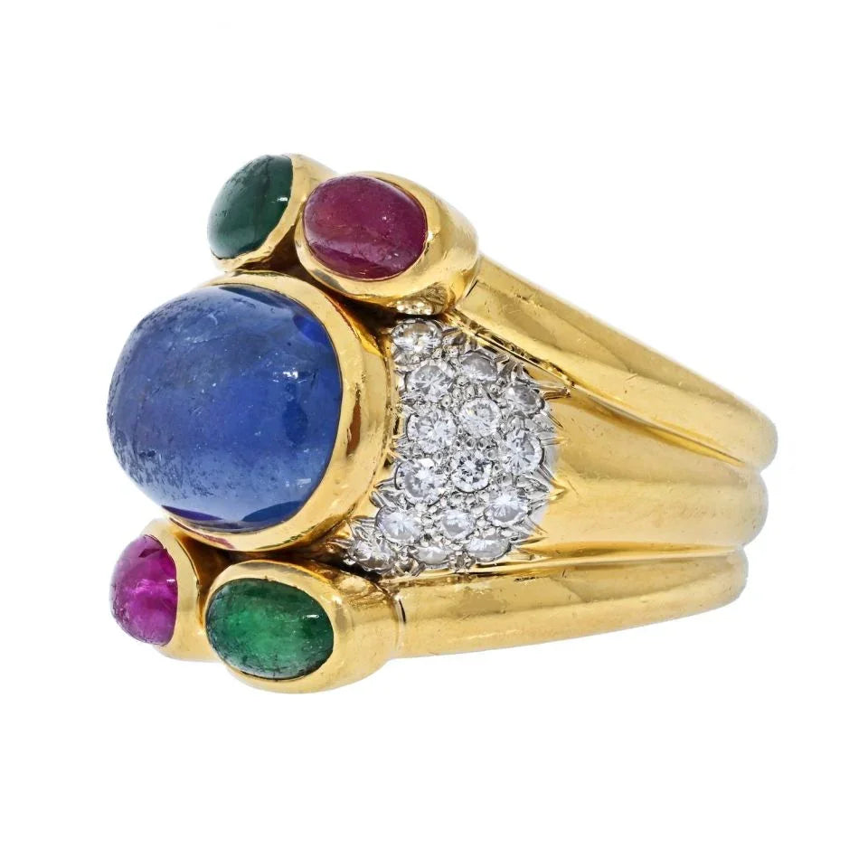 David Webb Platinum & 18K Yellow Gold Diamonds, Sapphire, Ruby And Emerald Ring - The Back Vault